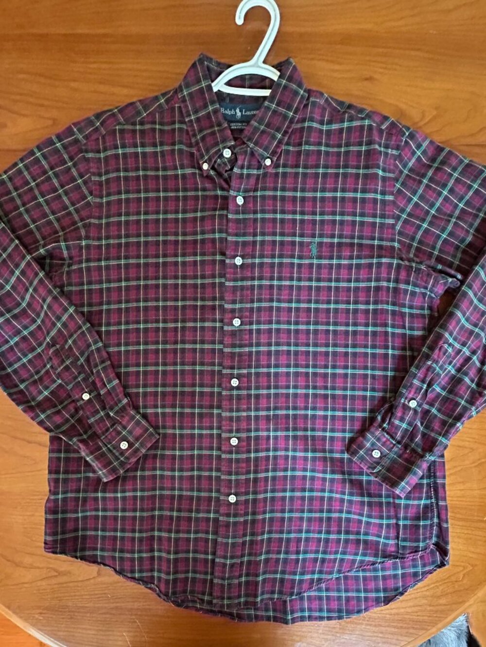 Polo Ralph Lauren Mens Custom Fit Plaid Shirt Maroon Green Black Cotton L